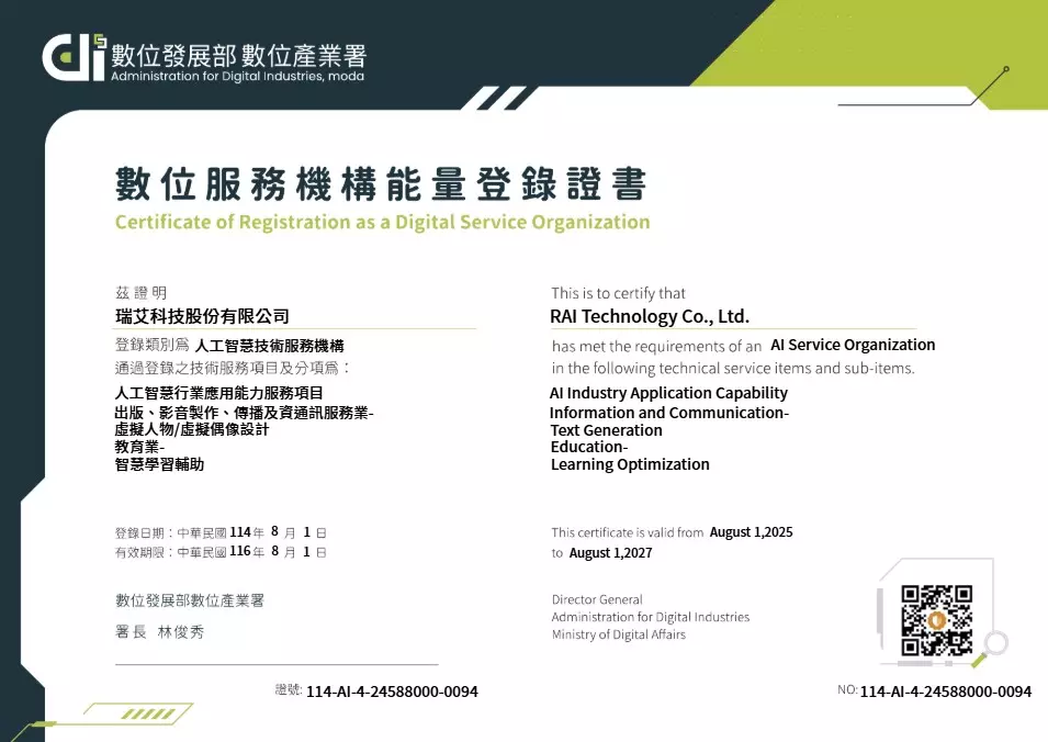 瑞艾科技數位服務機構能量登錄證書