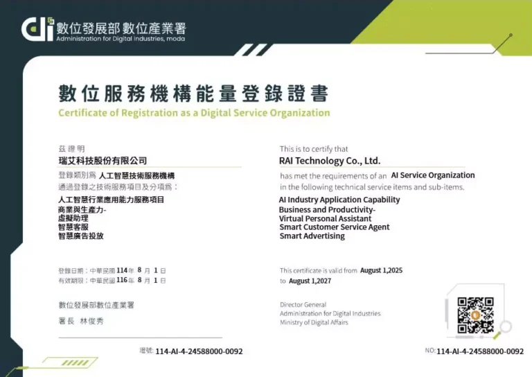 數位發展部AI廠商認證證書