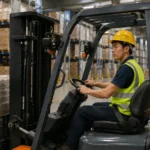 AI PPE穿戴偵測倉儲員工穿著安全背心與安全帽操作堆高機,在物流倉庫內進行貨物搬運作業