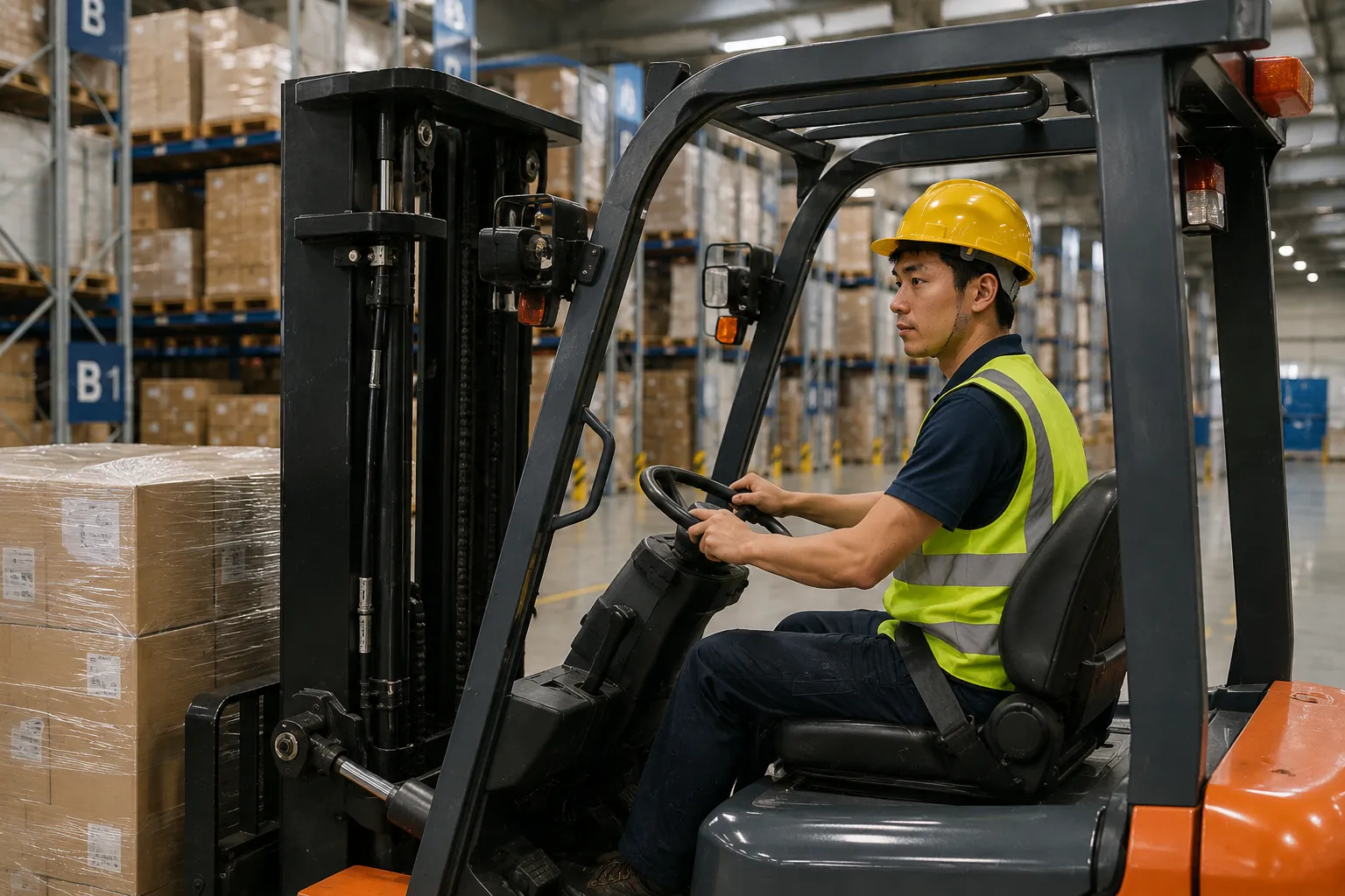 AI PPE穿戴偵測倉儲員工穿著安全背心與安全帽操作堆高機，在物流倉庫內進行貨物搬運作業